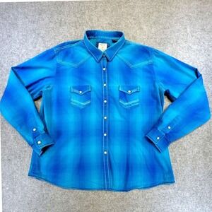 Panhandle Rough Stock Blue Ombre Plaid Western Pearl Snap Shirt Cowboy